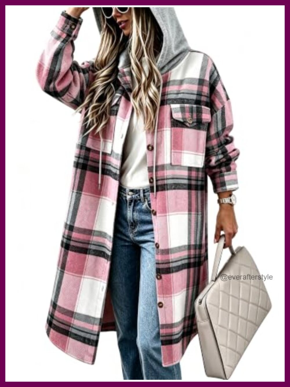 Womens Oversized Long Plaid Flannel Hooded Shacket Jacket Button Front